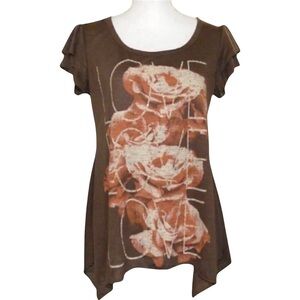 NWT Brown Floral Studded LOVE Slub Burnout Tee Ruffle Hem Boho Coquette Size S